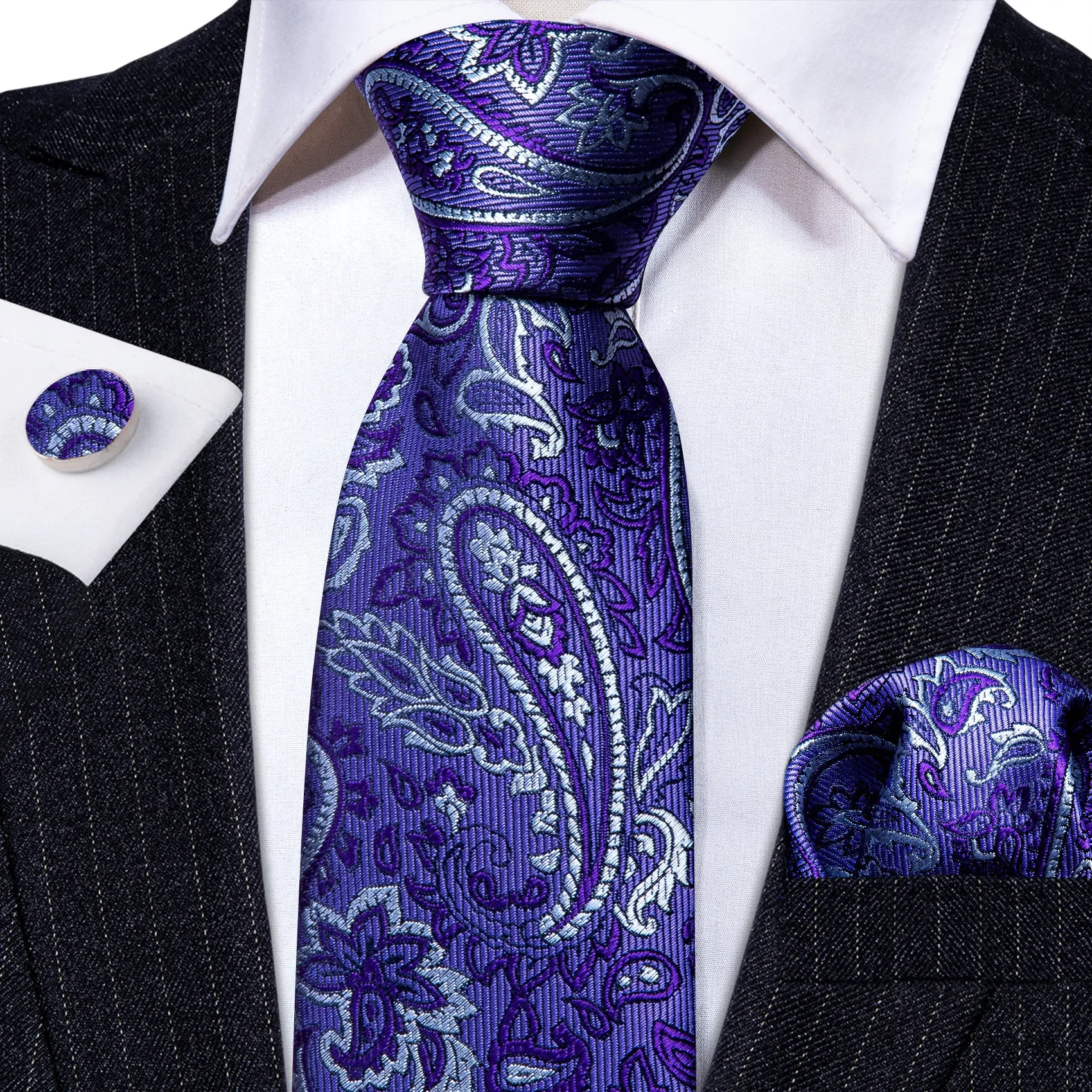 Barry Wang Midnight Blue Tie Purple White Paisley Silk Wedding Tie Set