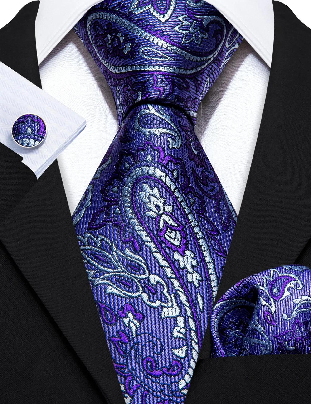 Barry Wang Midnight Blue Tie Purple White Paisley Silk Wedding Tie Set