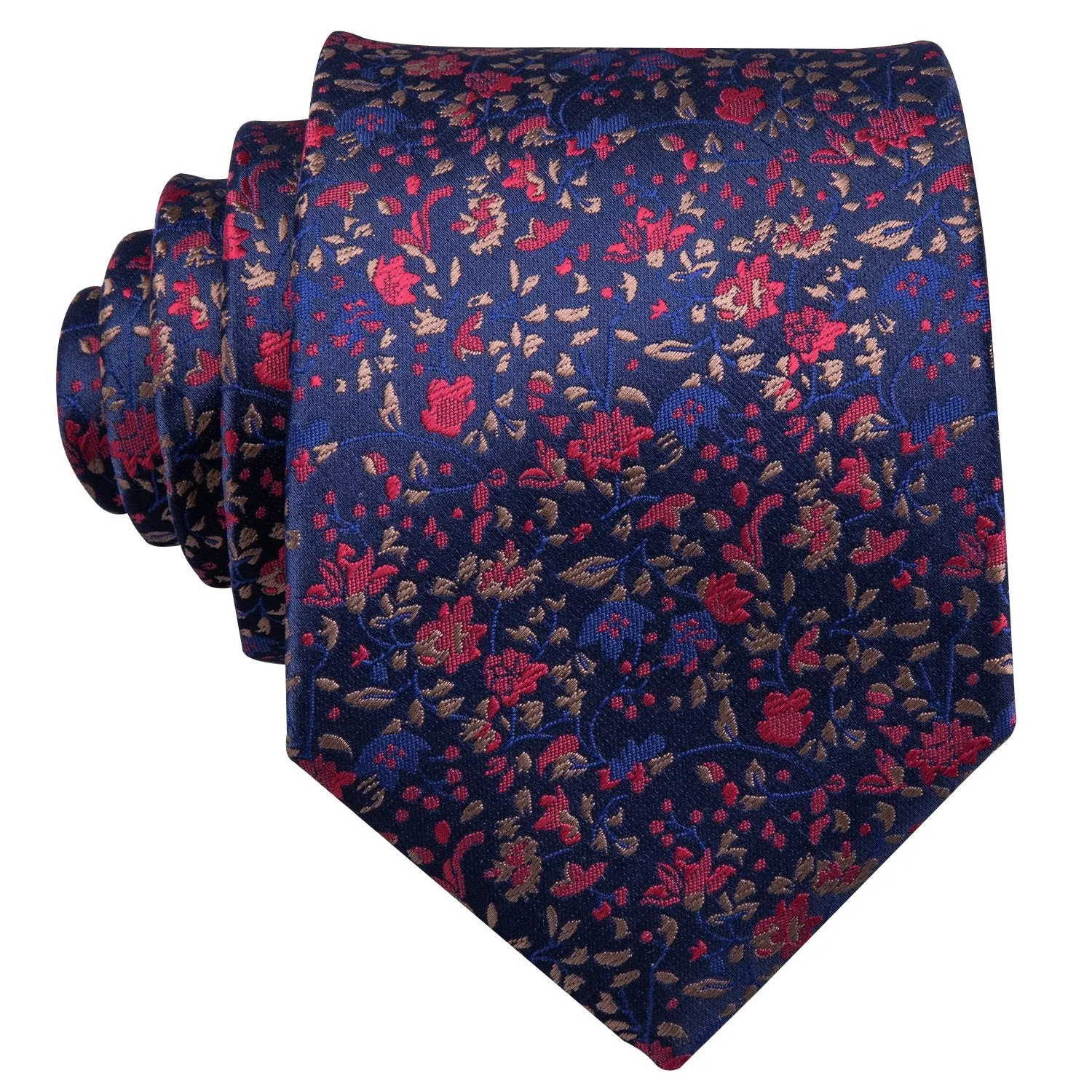 Barry Wang Navy Blue Floral Silk Fabric Tie Hanky Cufflink Set for Men