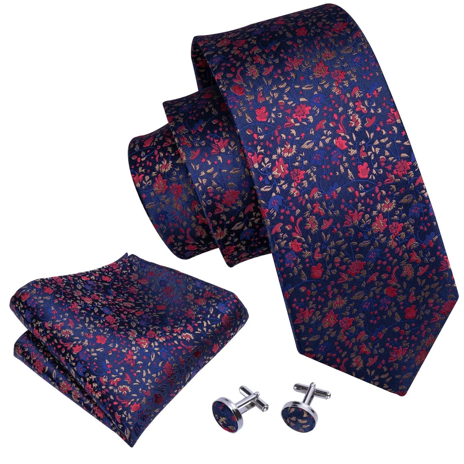 Barry Wang Navy Blue Floral Silk Fabric Tie Hanky Cufflink Set for Men