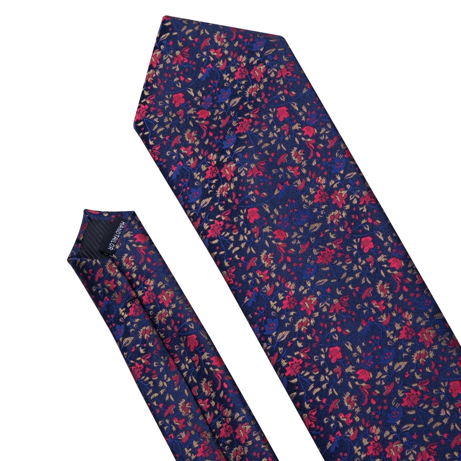 Barry Wang Navy Blue Floral Silk Fabric Tie Hanky Cufflink Set for Men
