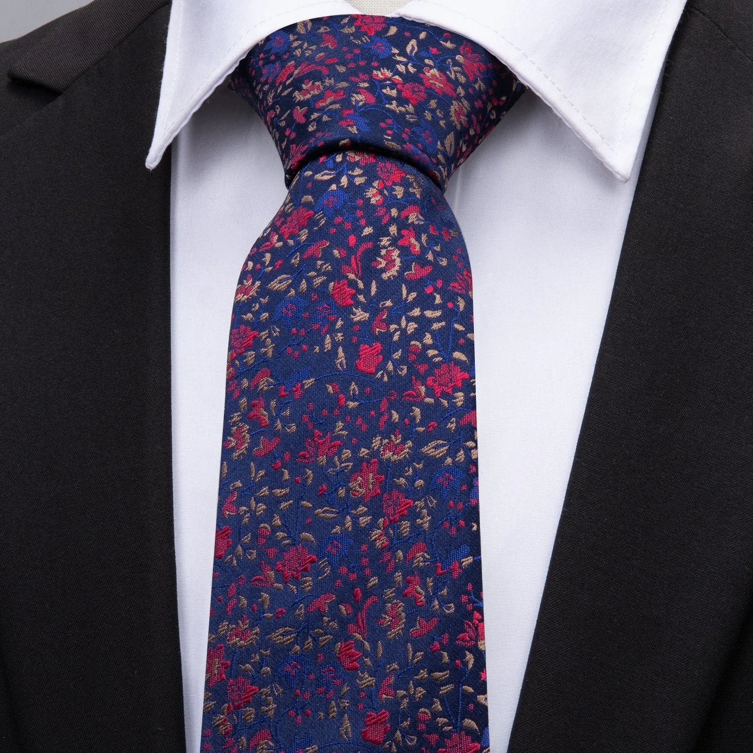 Barry Wang Navy Blue Floral Silk Fabric Tie Hanky Cufflink Set for Men