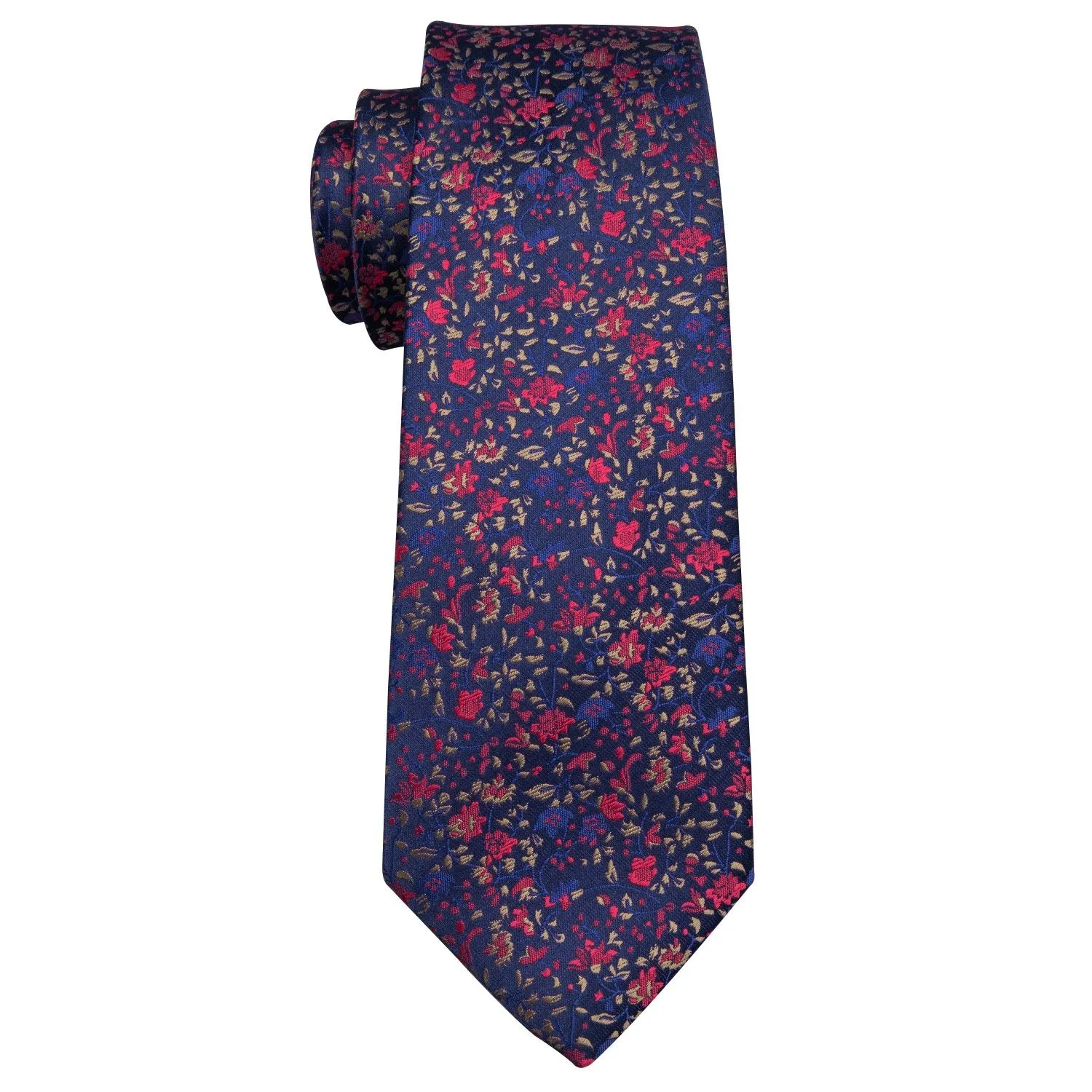 Barry Wang Navy Blue Floral Silk Fabric Tie Hanky Cufflink Set for Men
