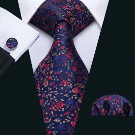 Barry Wang Navy Blue Floral Silk Fabric Tie Hanky Cufflink Set for Men
