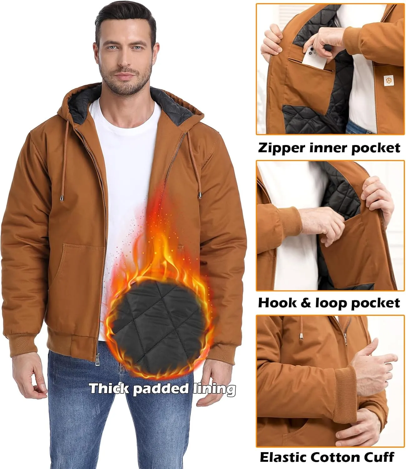 CARWORNIC Men's Winter Hooded Active Jacket with Warm Quilted-Lined Cotton Outdoor Workwear Coats
