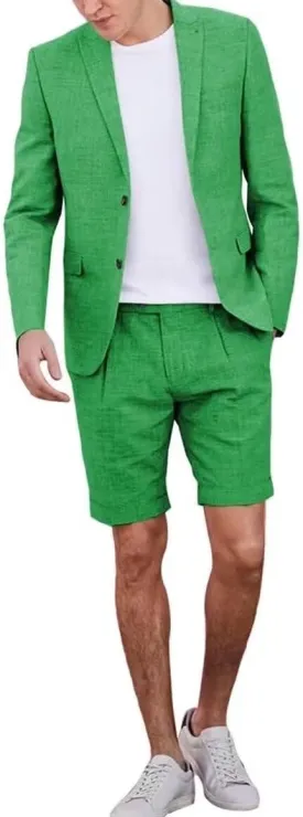 Casual Linen Short Suit Sets for Men Summer Suit Beach Wedding 2 Piece Tuxedo Blazer Shorts Suit