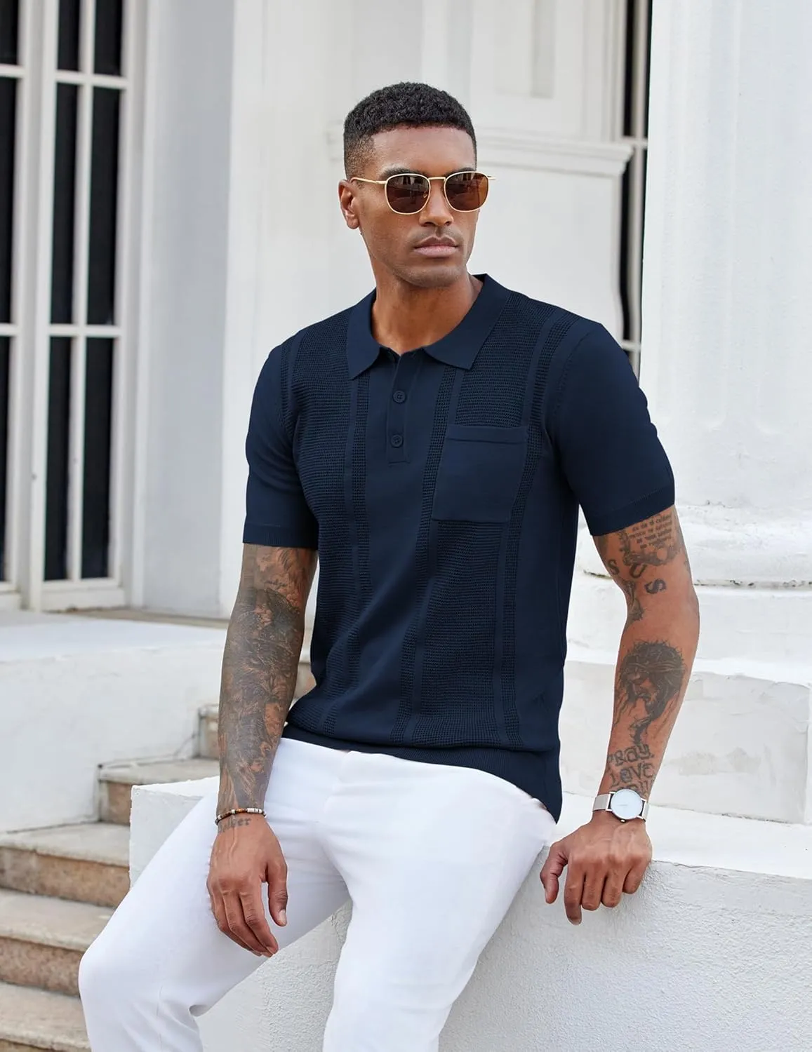COOFANDY Knit Polo Shirts for Men Short Sleeve Textured Polo Shirt Slim Fit Summer Collared T Shirt with Pocket