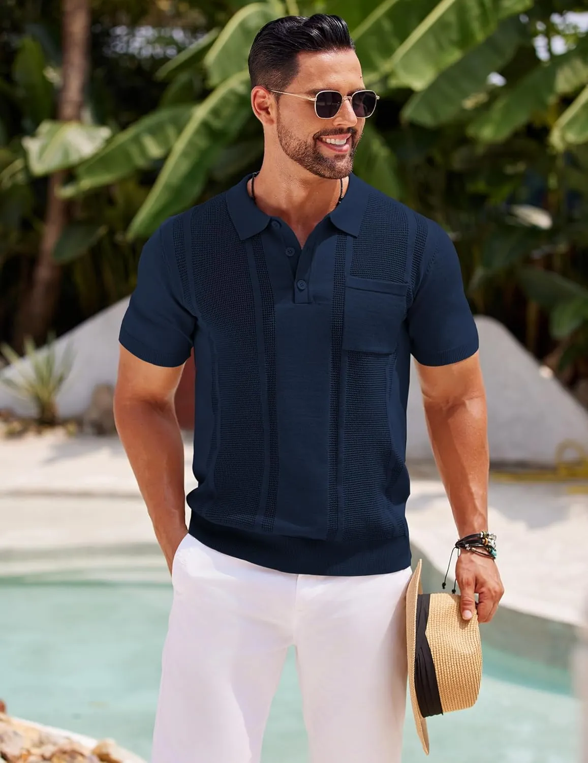 COOFANDY Knit Polo Shirts for Men Short Sleeve Textured Polo Shirt Slim Fit Summer Collared T Shirt with Pocket