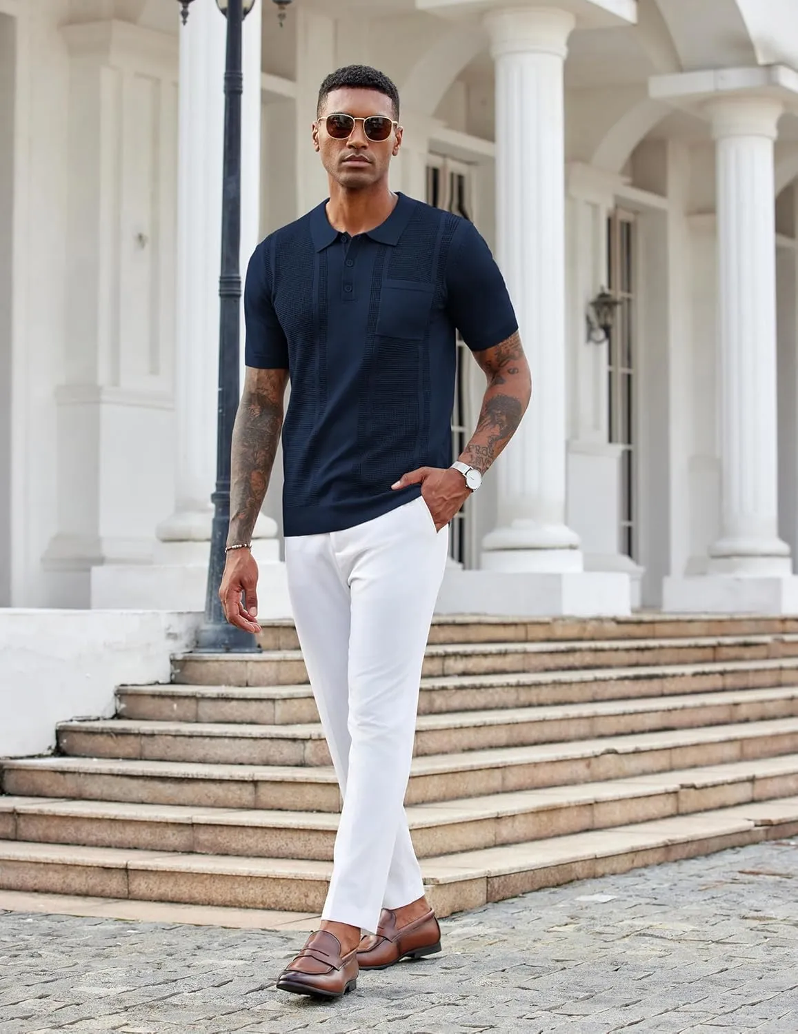 COOFANDY Knit Polo Shirts for Men Short Sleeve Textured Polo Shirt Slim Fit Summer Collared T Shirt with Pocket