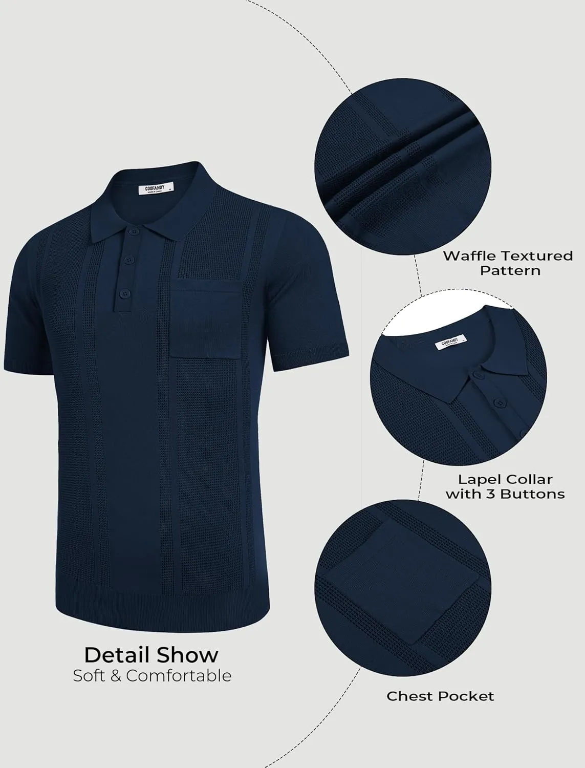 COOFANDY Knit Polo Shirts for Men Short Sleeve Textured Polo Shirt Slim Fit Summer Collared T Shirt with Pocket