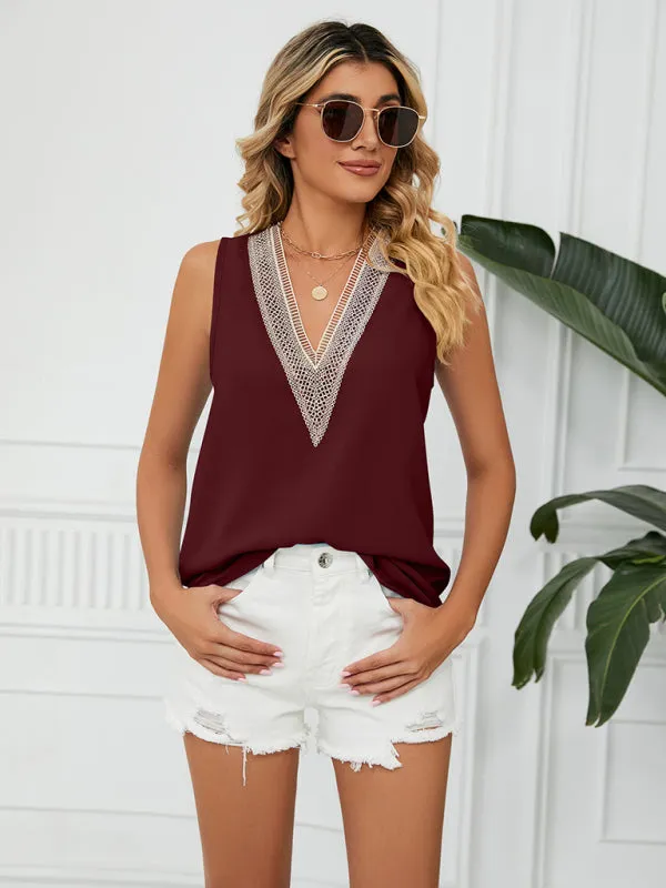 Cosette Women's Solid Color Chiffon Loose V Neck Sleeveless Tank Top