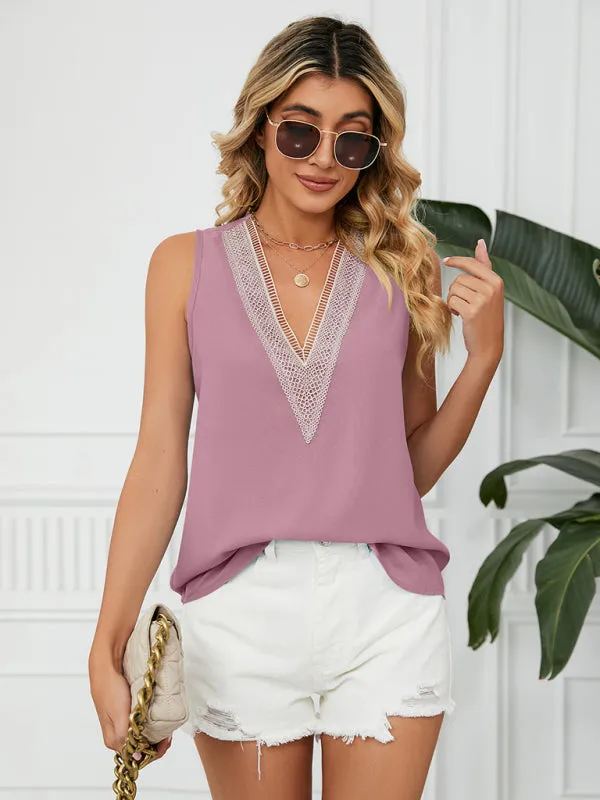 Cosette Women's Solid Color Chiffon Loose V Neck Sleeveless Tank Top