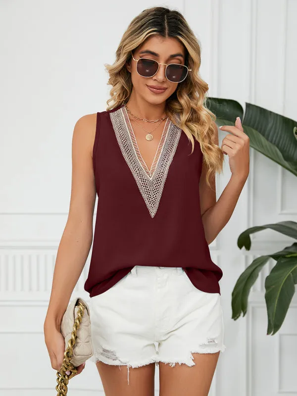 Cosette Women's Solid Color Chiffon Loose V Neck Sleeveless Tank Top