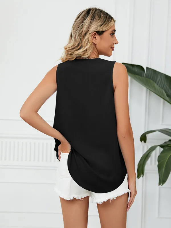 Cosette Women's Solid Color Chiffon Loose V Neck Sleeveless Tank Top