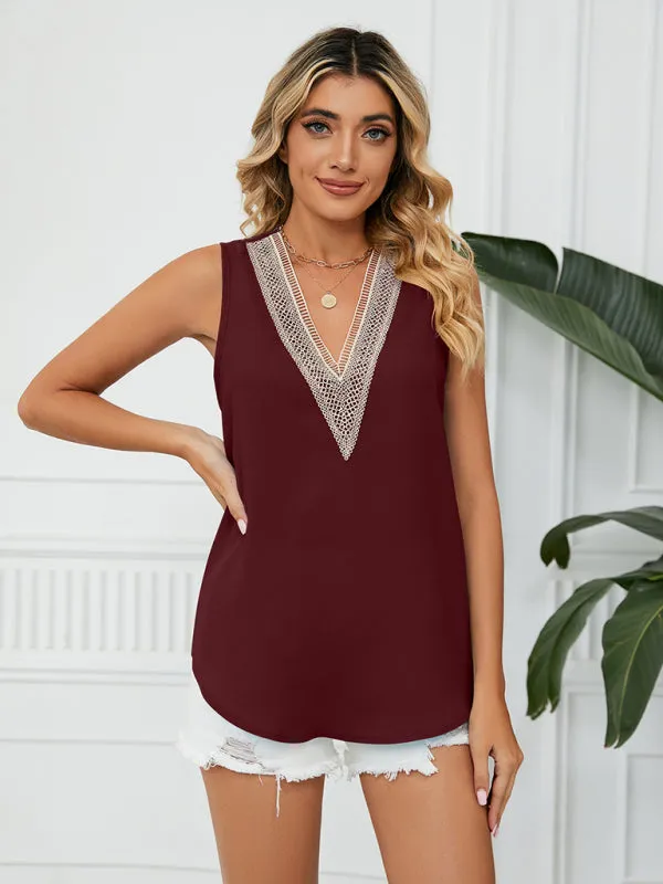 Cosette Women's Solid Color Chiffon Loose V Neck Sleeveless Tank Top
