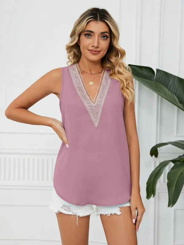 Cosette Women's Solid Color Chiffon Loose V Neck Sleeveless Tank Top