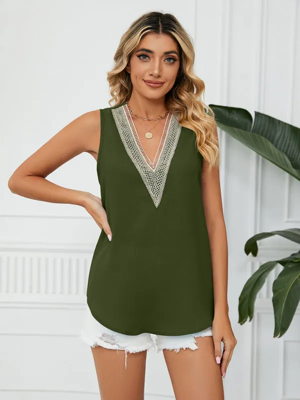 Cosette Women's Solid Color Chiffon Loose V Neck Sleeveless Tank Top