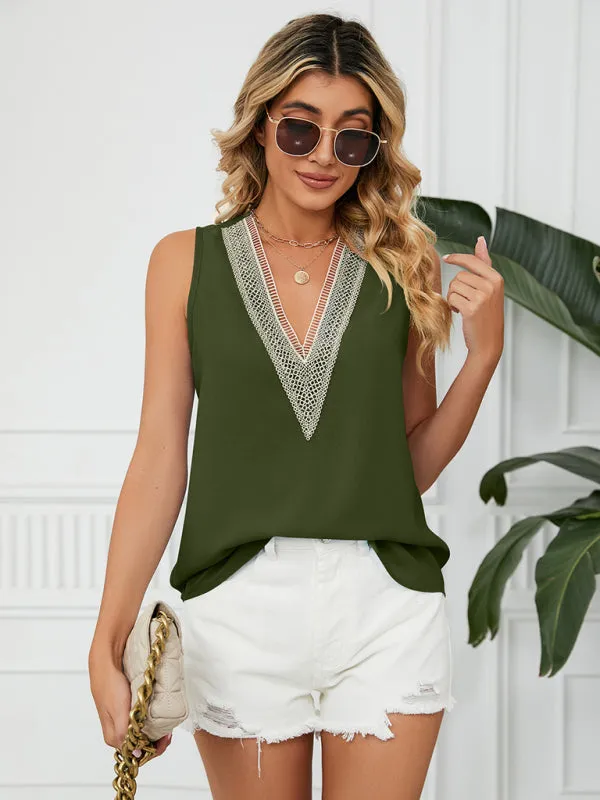 Cosette Women's Solid Color Chiffon Loose V Neck Sleeveless Tank Top
