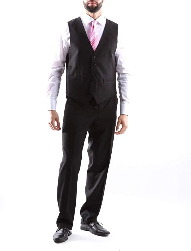 Creativo Men's Single Breasted 2 Button 3pc Vested Suit Slim Fit in Black, CT601