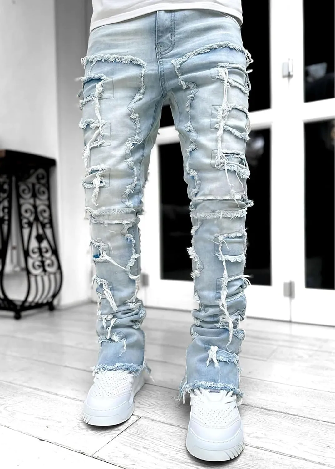 FantasyGears Mens Stacked Ripped Jeans Y2k Distressed Denim Pants Skinny Slim Fit Stretch Biker Jeans