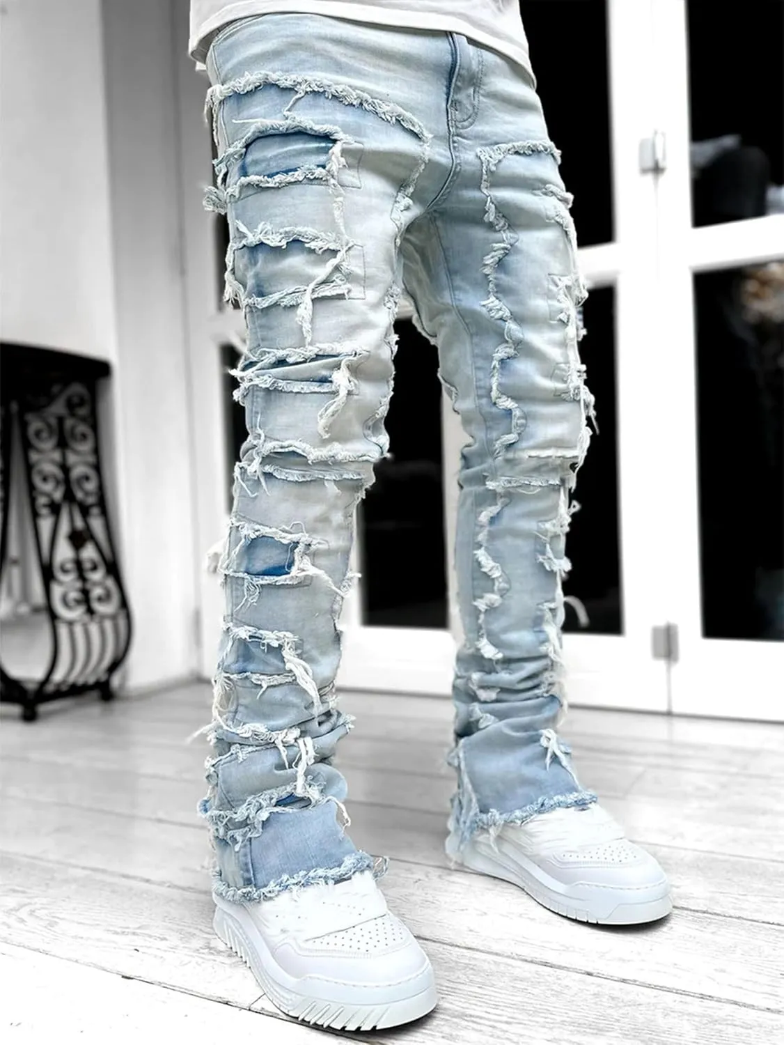 FantasyGears Mens Stacked Ripped Jeans Y2k Distressed Denim Pants Skinny Slim Fit Stretch Biker Jeans