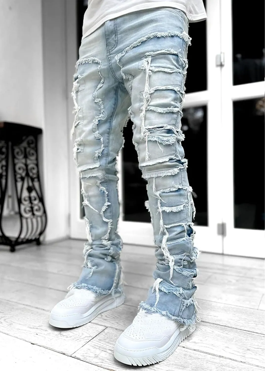 FantasyGears Mens Stacked Ripped Jeans Y2k Distressed Denim Pants Skinny Slim Fit Stretch Biker Jeans