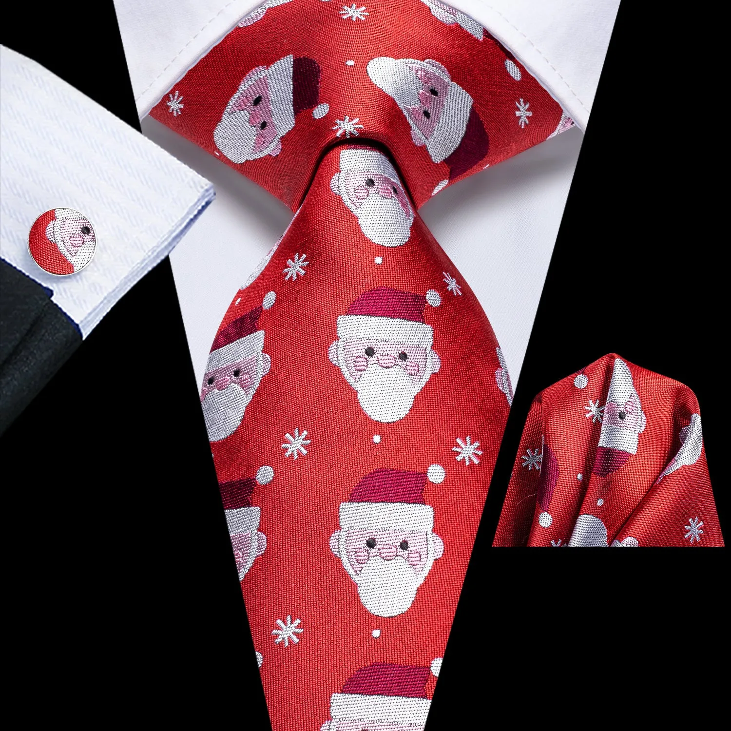 Hi-Tie $9.9 Red Santa Novelty Christmas Necktie Pocket Square Cufflinks Set