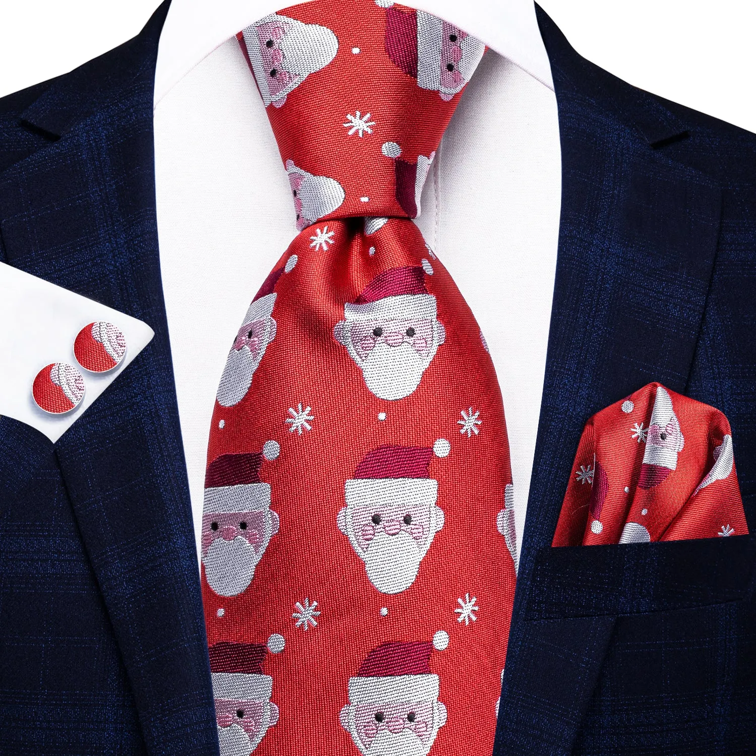 Hi-Tie $9.9 Red Santa Novelty Christmas Necktie Pocket Square Cufflinks Set