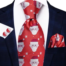 Hi-Tie $9.9 Red Santa Novelty Christmas Necktie Pocket Square Cufflinks Set