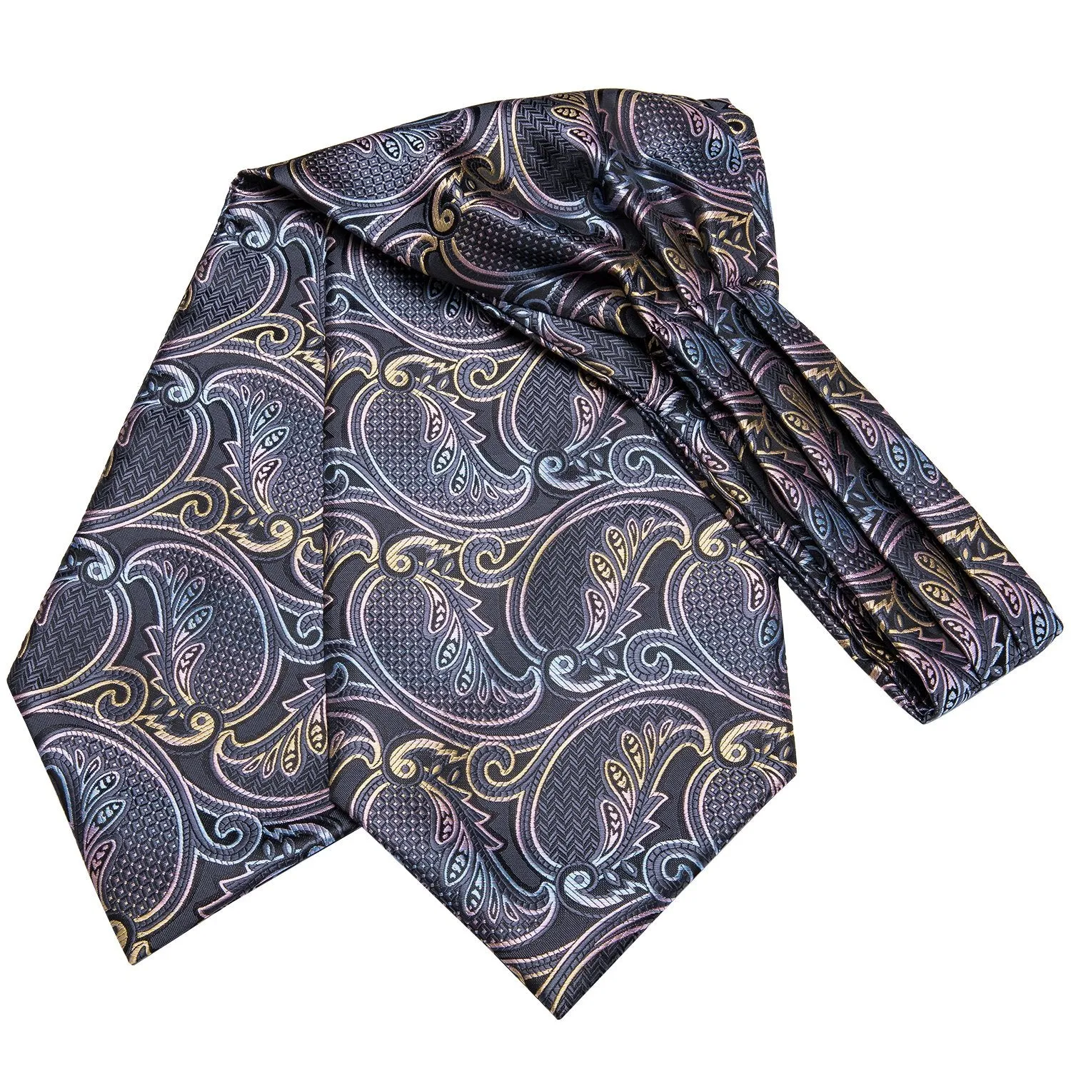 Hi-Tie Grey Pink Paisley Silk Ascot Tie Pocket Square Cufflinks Set