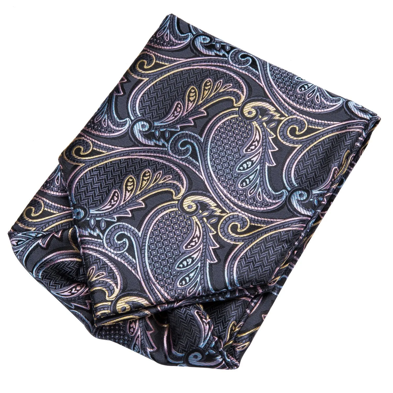 Hi-Tie Grey Pink Paisley Silk Ascot Tie Pocket Square Cufflinks Set