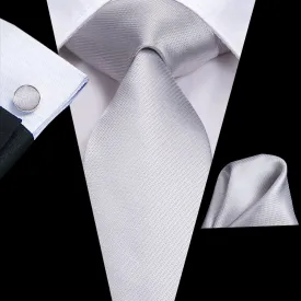 Hi-Tie Mens Grey Necktie Popular Silver Tie Pocket Square Cufflinks Set