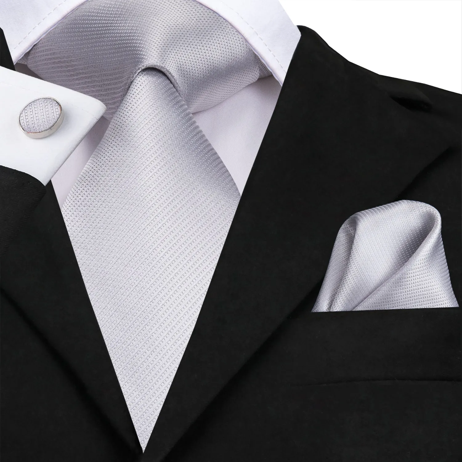 Hi-Tie Mens Grey Necktie Popular Silver Tie Pocket Square Cufflinks Set
