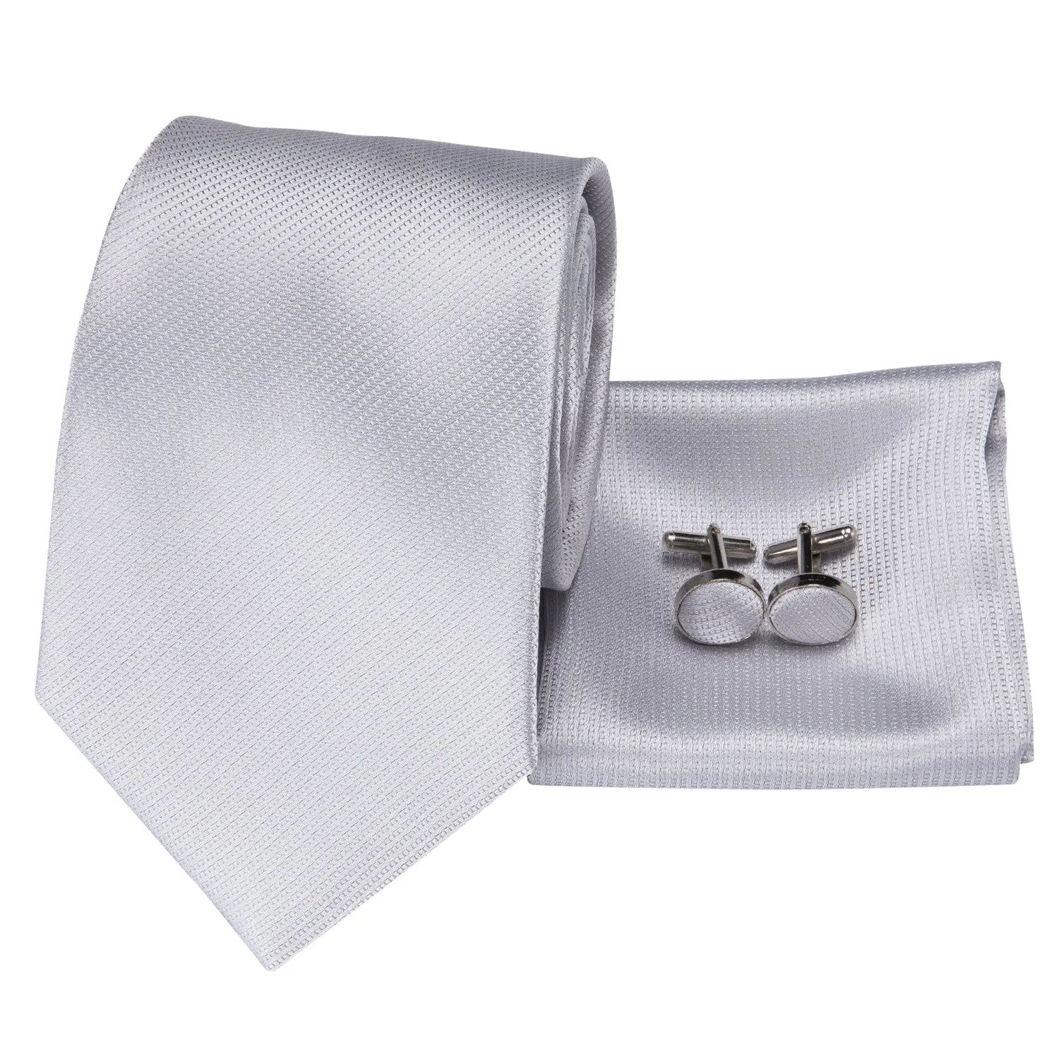 Hi-Tie Mens Grey Necktie Popular Silver Tie Pocket Square Cufflinks Set