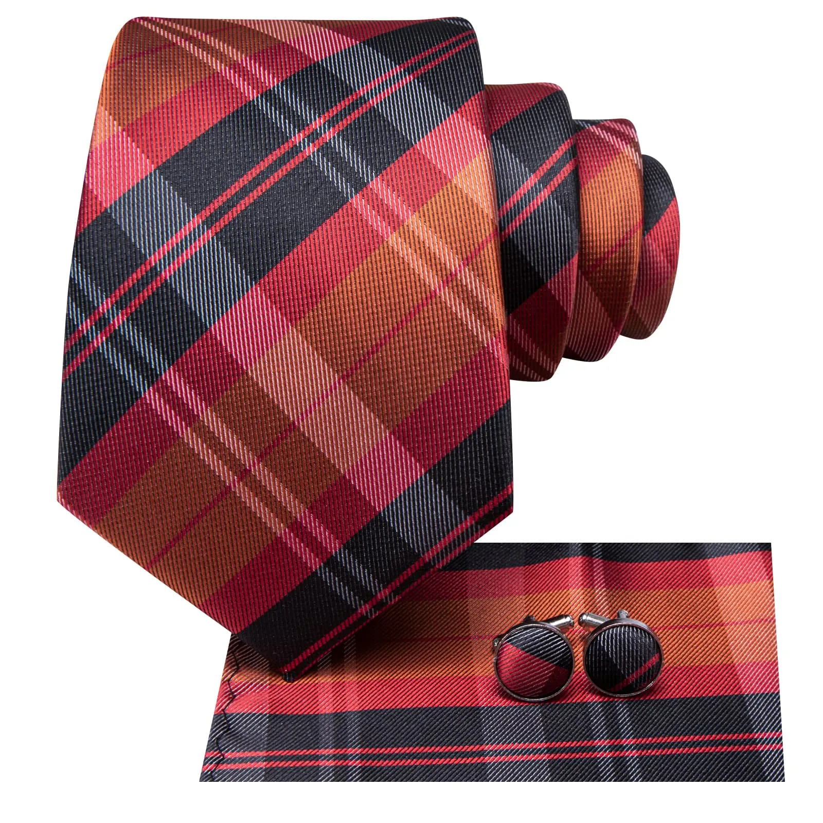 Hi-Tie Orange Red Black Plaid Silk Mens Tie Handkerchief Cufflinks Set