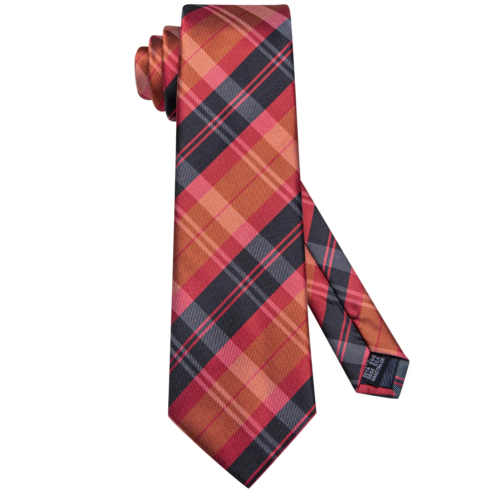 Hi-Tie Orange Red Black Plaid Silk Mens Tie Handkerchief Cufflinks Set