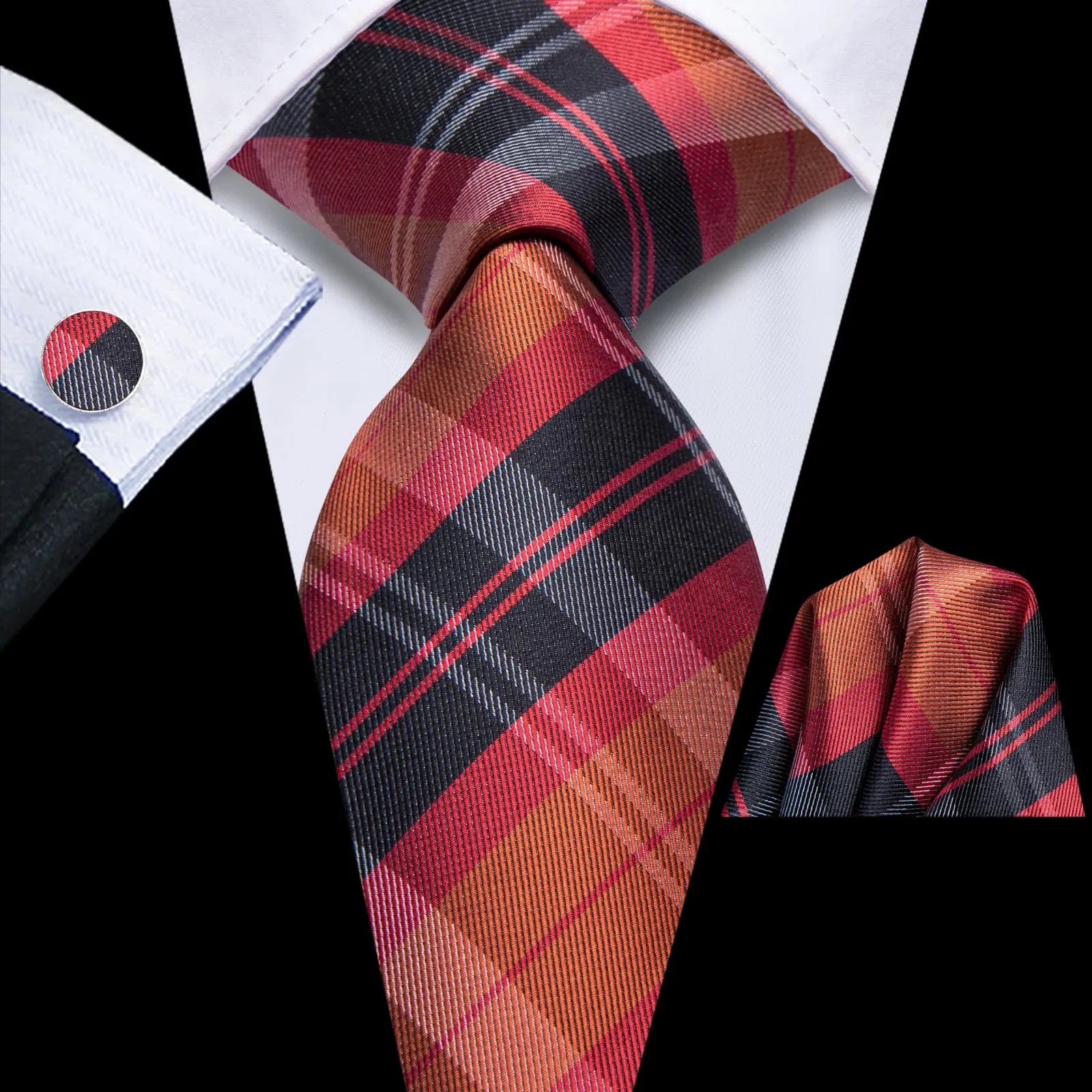 Hi-Tie Orange Red Black Plaid Silk Mens Tie Handkerchief Cufflinks Set