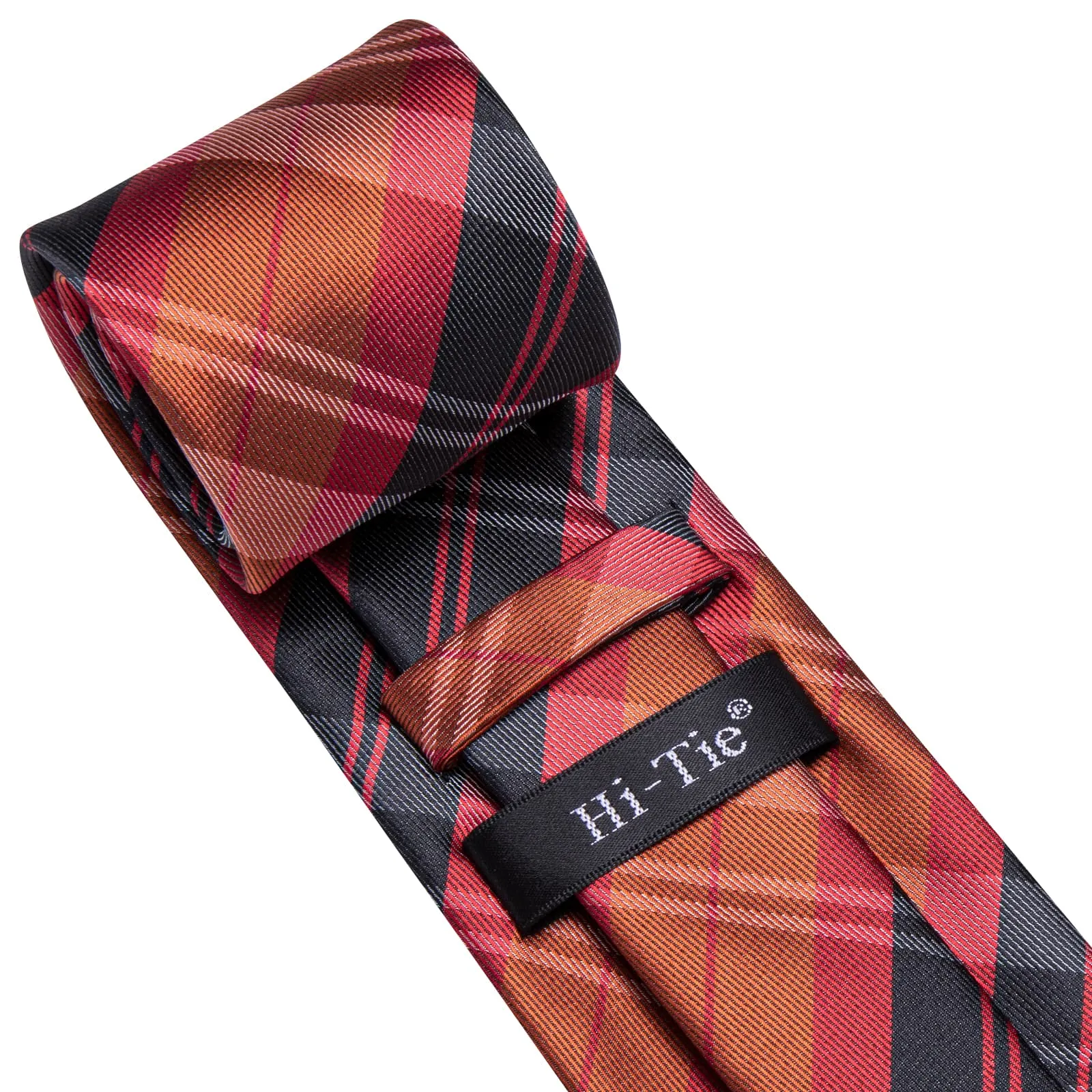 Hi-Tie Orange Red Black Plaid Silk Mens Tie Handkerchief Cufflinks Set