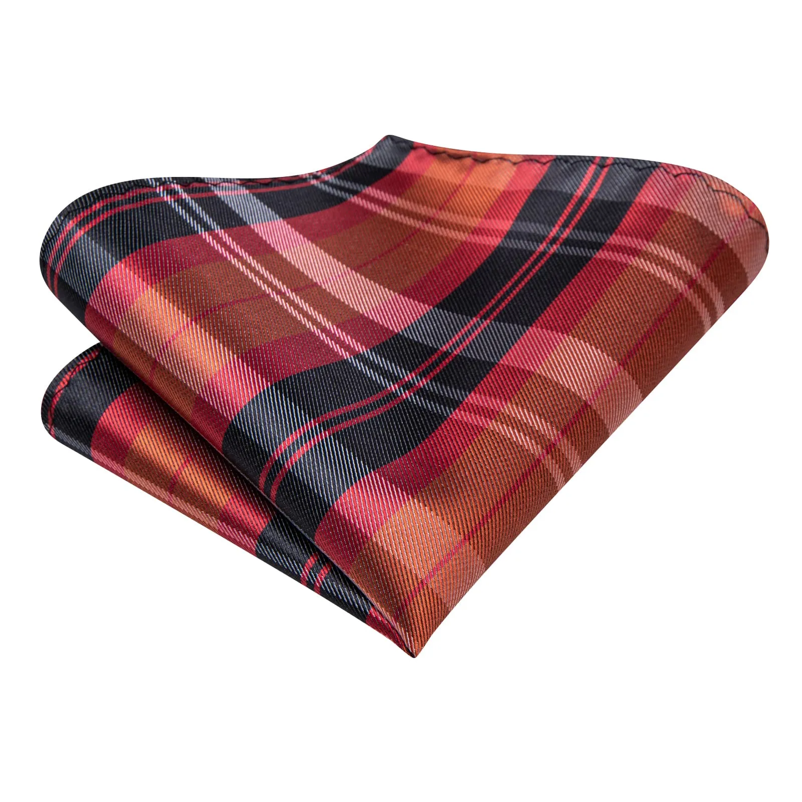 Hi-Tie Orange Red Black Plaid Silk Mens Tie Handkerchief Cufflinks Set