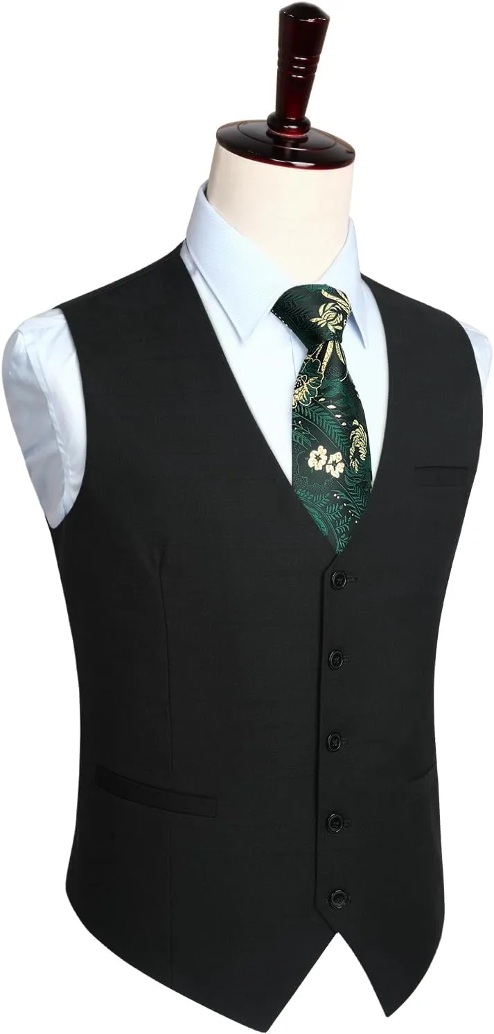 HISDERN Men's Suit Vest Plaid Dress Vest for Men Slim Fit Formal Business Waistcoat Tuxedo V-Ncek Solid Vest for Wedding