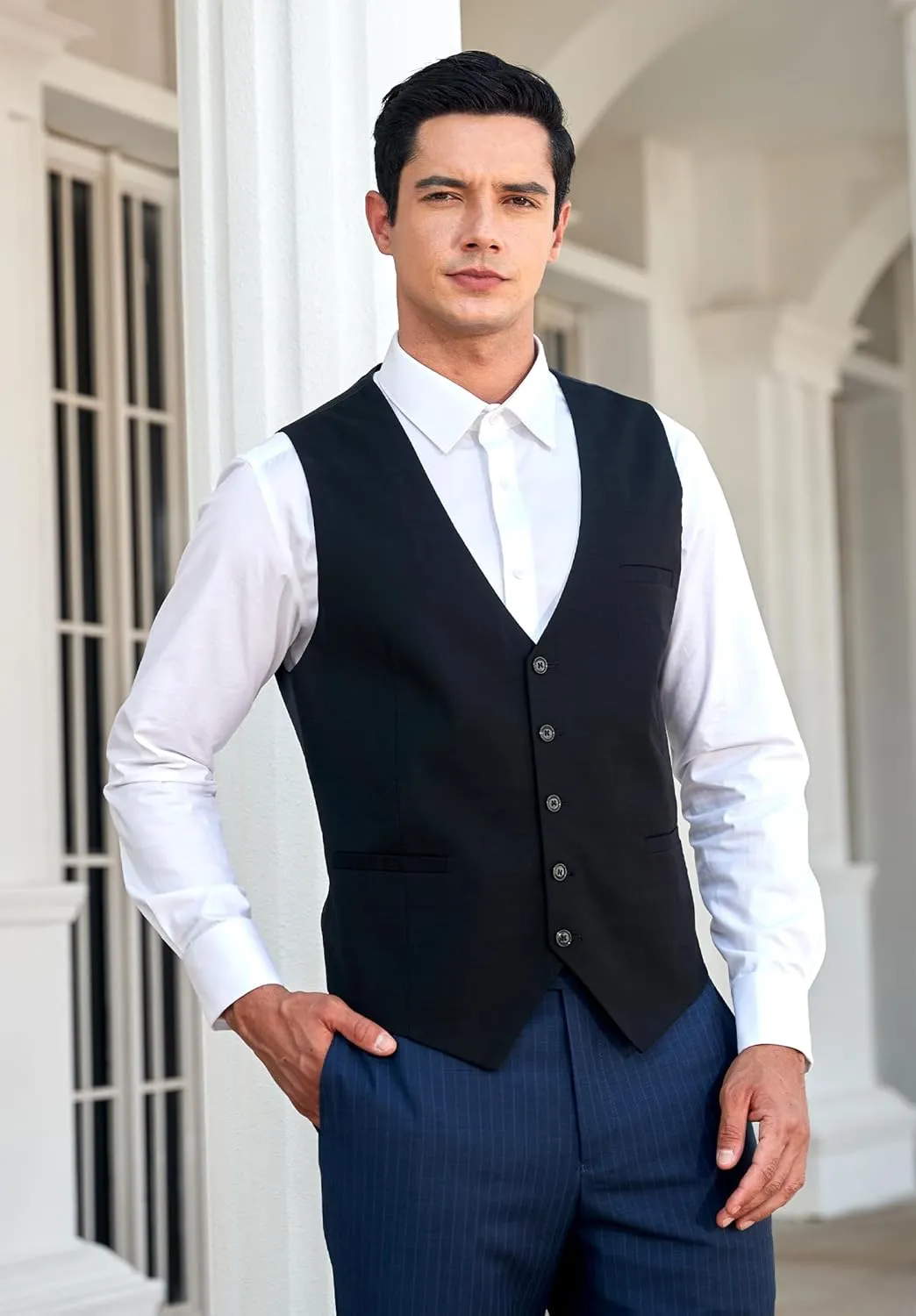 HISDERN Men's Suit Vest Plaid Dress Vest for Men Slim Fit Formal Business Waistcoat Tuxedo V-Ncek Solid Vest for Wedding
