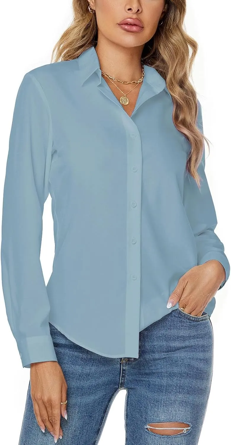 jonivey Womens Stretch Button Down Long Sleeve Shirt Soft Basic Wrinkle Free Work Business Formal Casual Blouse