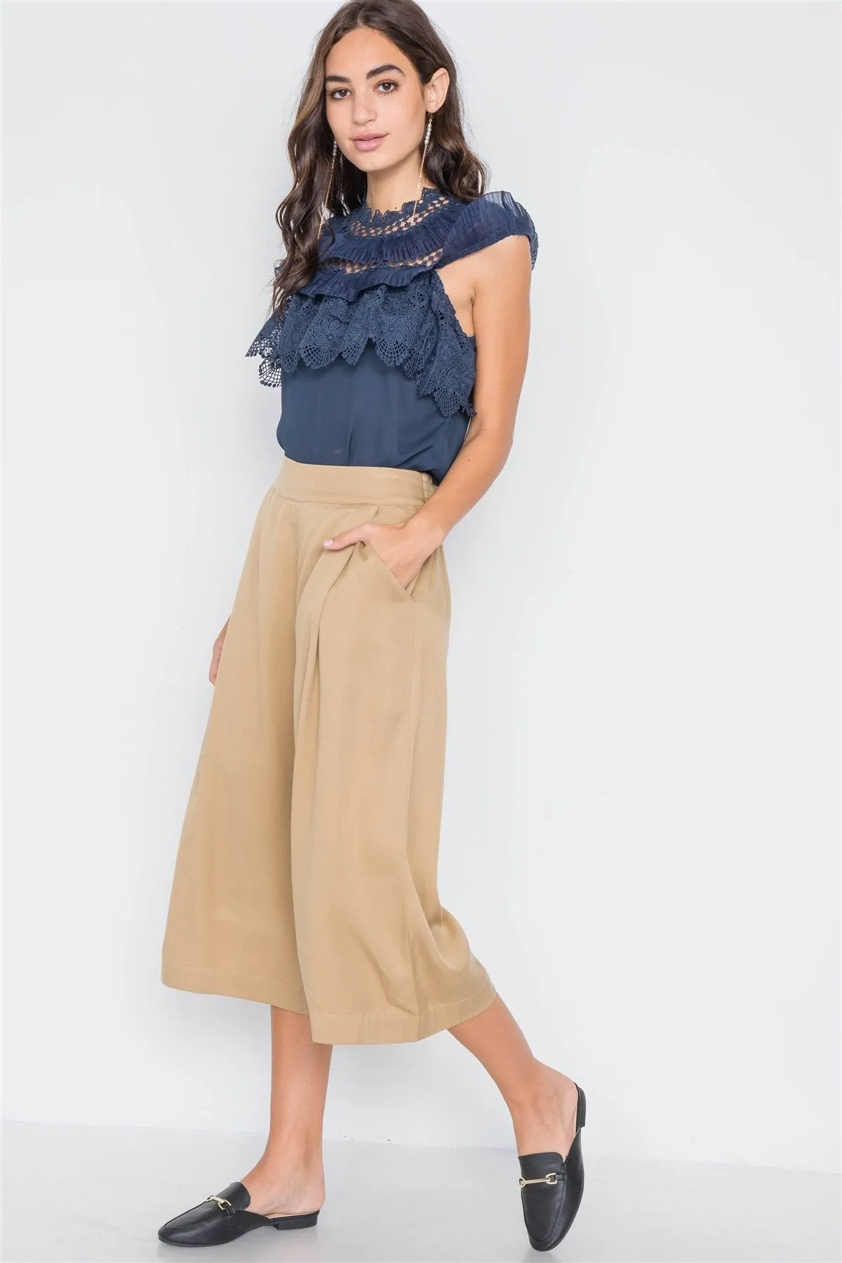 Khaki High Waist Cropped Wide Leg Pants