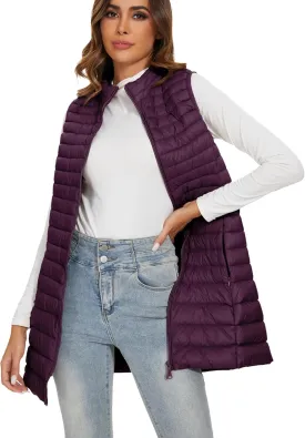 Long Puffer Vest for Women Winter Lightweight Down Vest Black Womens Vests Outerwear Sleeveless Jacket with Pockets