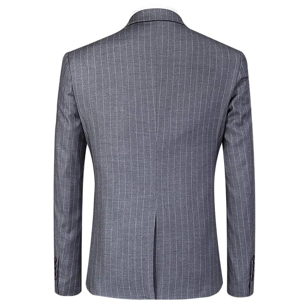 Mens Grey Formal Pinstripe Slim Fit Notched Lapel 3 Piece Suit