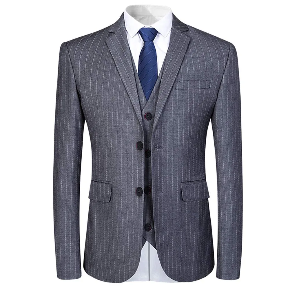 Mens Grey Formal Pinstripe Slim Fit Notched Lapel 3 Piece Suit