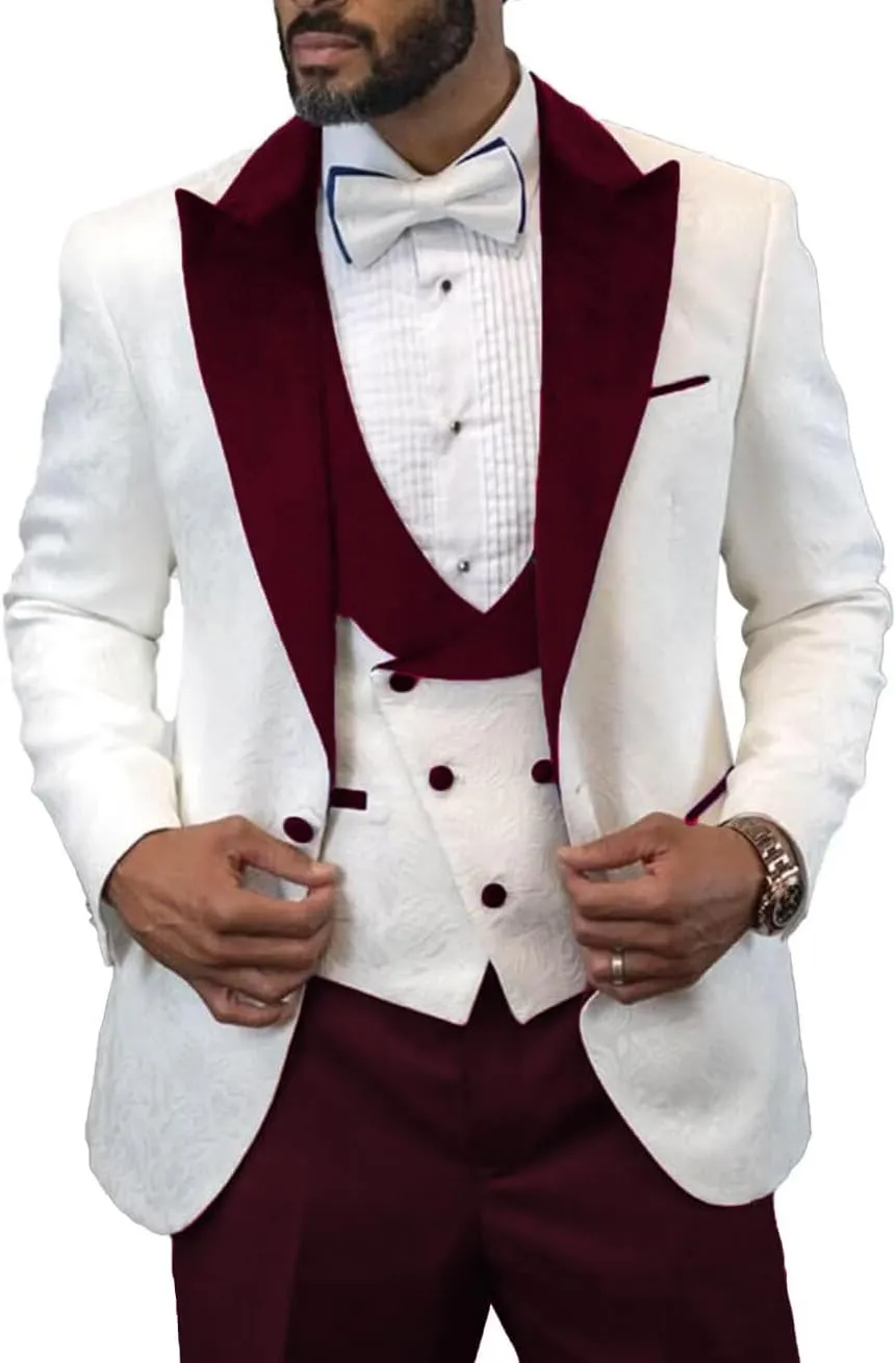 Men's Slim Fit Jacquard Suit 3 Pieces Wedding PromTuxedo Suit Formal One Button Blazer Pants and Vest Suit for Men