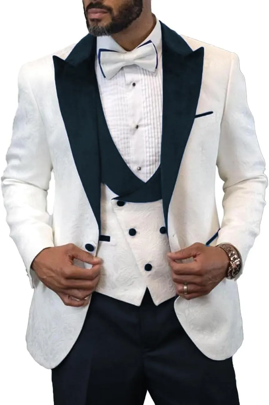 Men's Slim Fit Jacquard Suit 3 Pieces Wedding PromTuxedo Suit Formal One Button Blazer Pants and Vest Suit for Men