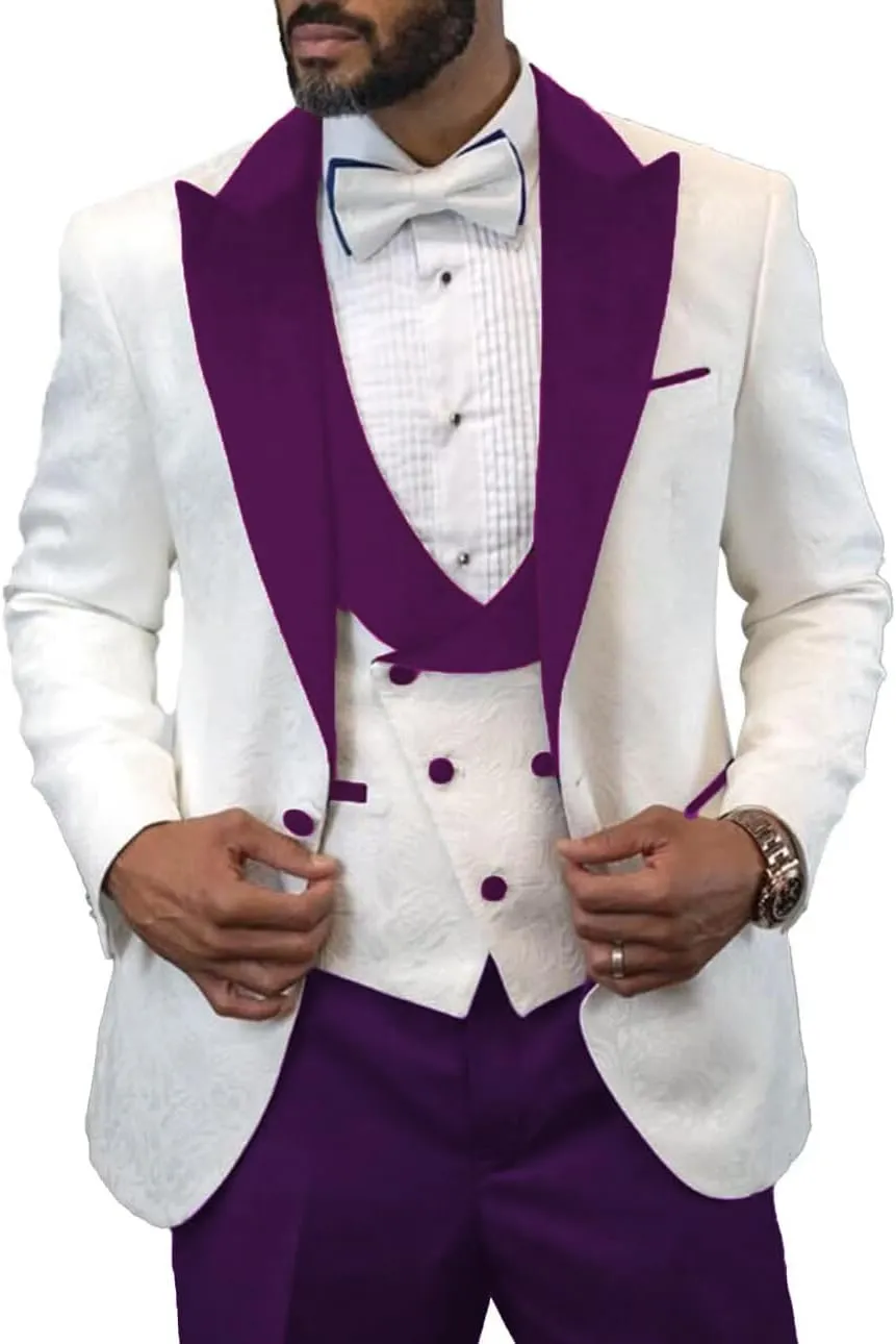 Men's Slim Fit Jacquard Suit 3 Pieces Wedding PromTuxedo Suit Formal One Button Blazer Pants and Vest Suit for Men