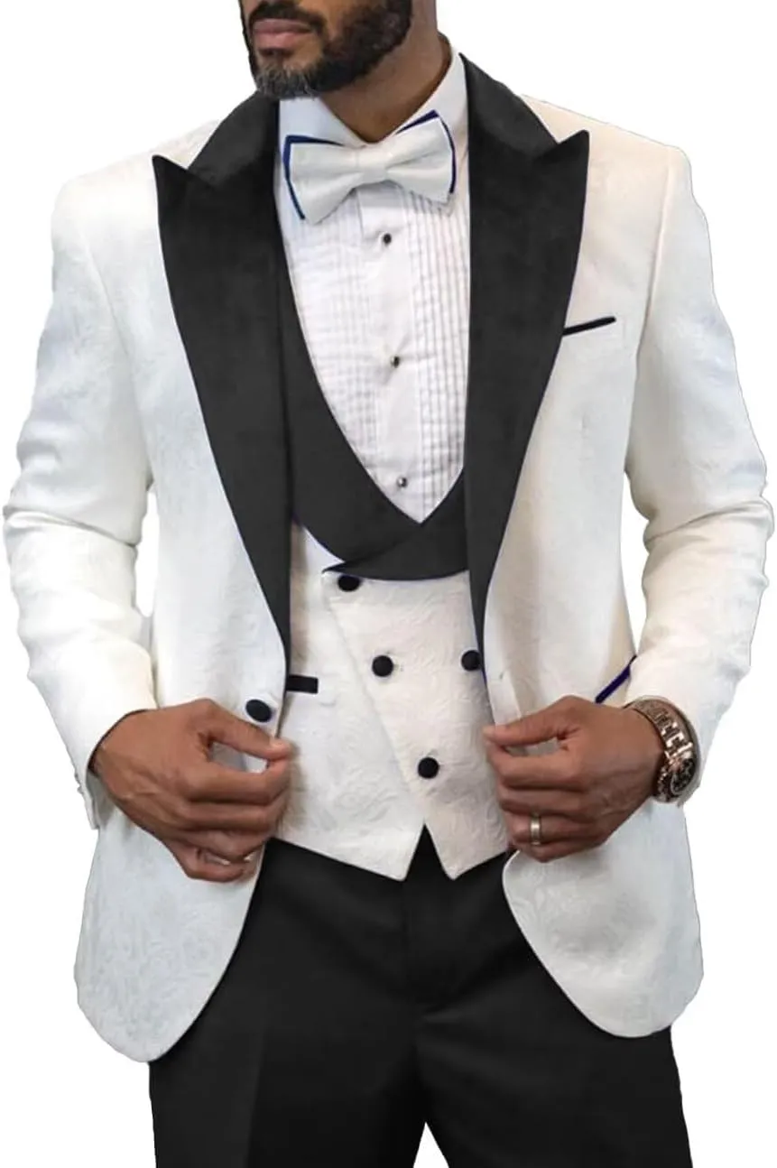 Men's Slim Fit Jacquard Suit 3 Pieces Wedding PromTuxedo Suit Formal One Button Blazer Pants and Vest Suit for Men